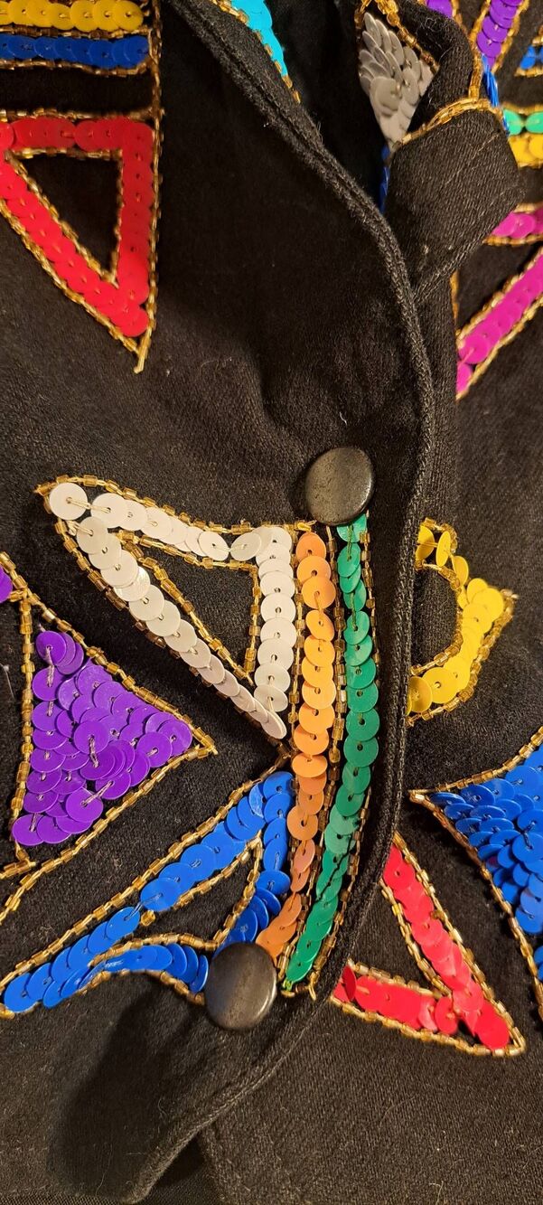 Vintage 80s MODI Sequin Beaded Jacket Size 8-10 Black Multicolor Geometric Cropp - Picture 3 of 8